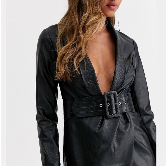 Asos Design Tux faux leather croc embossed collar mini dress wrap US 12 - Picture 4 of 11